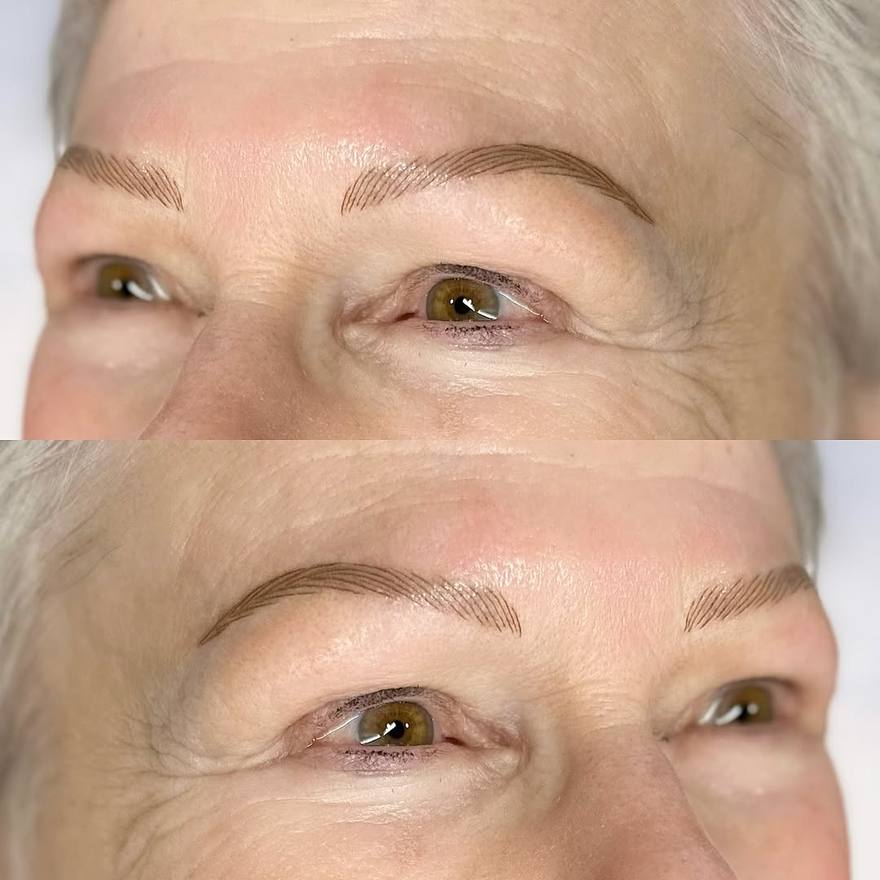 Healed nano brow strokes — before and after, from the studio's own portfolio